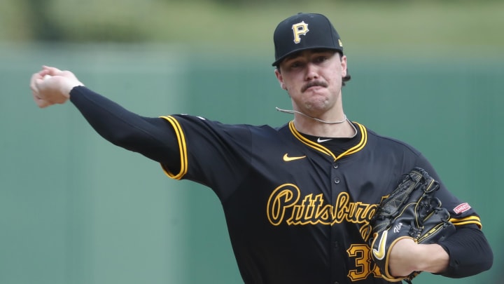 Jul 23, 2024; Pittsburgh, Pennsylvania, USA;  Pittsburgh Pirates starting pitcher Paul Skenes (30) delivers a pitch against the St. Louis Cardinals during the first inning at PNC Park. Mandatory Credit: Charles LeClaire-USA TODAY Sports