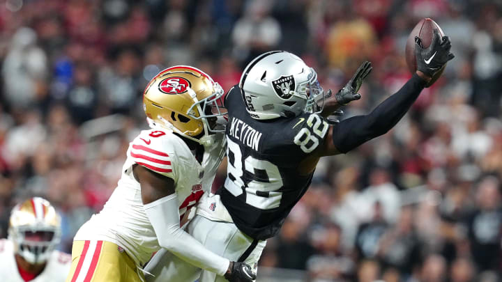 Aug 23, 2024; Paradise, Nevada, USA; Las Vegas Raiders wide receiver Ramel Keyton (82) makes a catch against San Francisco 49ers cornerback Samuel Womack III (0) during the fourth quarter at Allegiant Stadium. Mandatory Credit: Stephen R. Sylvanie-USA TODAY Sports