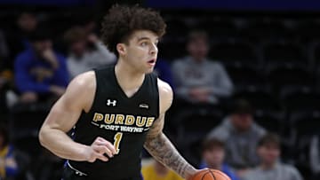 Dec 20, 2023; Pittsburgh, Pennsylvania, USA; IPFW Mastodons guard Jalen Jackson (1) dribbles the ball against the Pittsburgh Panthers during the second half at the Petersen Events Center. Pittsburgh won 62-48. Mandatory Credit: Charles LeClaire-Imagn Images