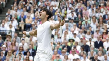 Carlos Alcaraz (ESP) celebrates after match point.