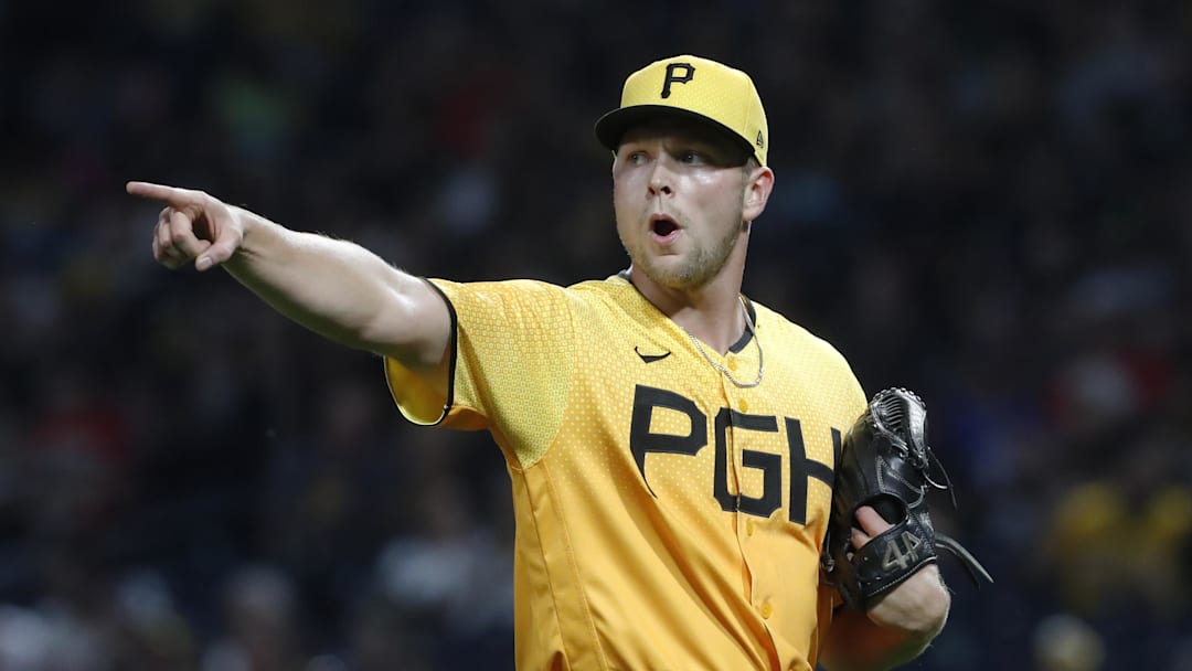 Sep 29, 2023; Pittsburgh, Pennsylvania, USA;  Pittsburgh Pirates starting pitcher Hunter Stratton (63) reacts after the Pirates secured the final out of the fourth inning against the Miami Marlins at PNC Park. Mandatory Credit: Charles LeClaire-Imagn Images