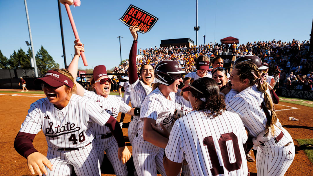 Mississippi State players celebrate a 1-0 walk-off win against No. 1 Tennessee on Saturday. 
