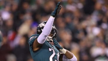 Jan 21, 2023; Philadelphia, Pennsylvania, USA; Philadelphia Eagles cornerback James Bradberry (24) reacts in the first half against the New York Giants during an NFC divisional round game at Lincoln Financial Field. Mandatory Credit: Bill Streicher-USA TODAY Sports