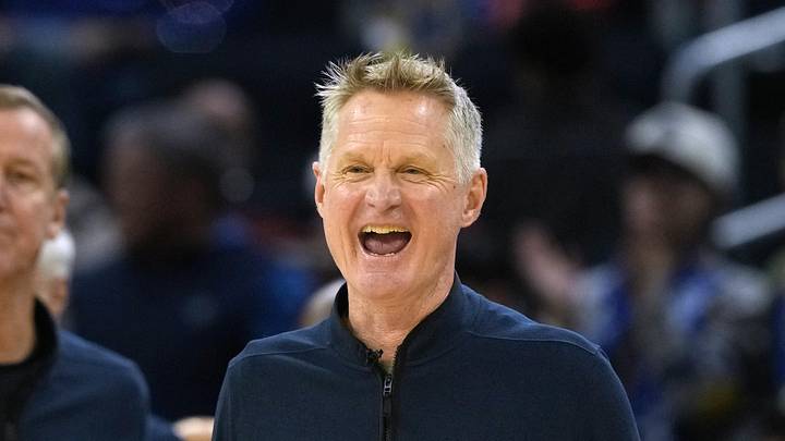Dec 25, 2025; San Francisco, California, USA; Golden State Warriors head coach Steve Kerr reacts during the fourth quarter against the Dallas Mavericks at Chase Center. Mandatory Credit: Darren Yamashita-Imagn Images