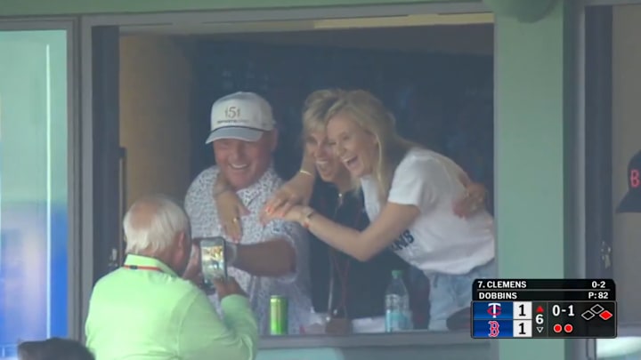 Roger Clemens celebrates a home run by his son, Kody, at Fenway Park Roger Clemens celebrates a home run by his son, Kody, at Fenway Park