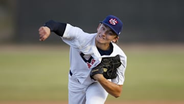 Nov 1, 2022; Mesa, Arizona, USA; Team USA pitcher Cade Townsend during a 17U baseball game at Gene Autry Park. Mandatory Credit: Mark J. Rebilas-USA TODAY Sports