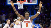 May 2, 2024; Philadelphia, Pennsylvania, USA; New York Knicks forward OG Anunoby (8) reacts to his three pointer against the Philadelphia 76ers during the second half of game six of the first round for the 2024 NBA playoffs at Wells Fargo Center. Mandatory Credit: Bill Streicher-USA TODAY Sports