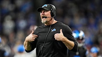 Detroit Lions head coach Dan Campbell reacts to a play against Buffalo Bills during the first half at Ford Field in Detroit on Sunday, Dec. 15, 2024.