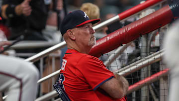 Sep 26, 2025; Cumberland, Georgia, USA; Atlanta Braves manager Brian Snitker (43) during the game against the Pittsburgh Pirates during the third inning at Truist Park. Mandatory Credit: Jordan Godfree-Imagn Images