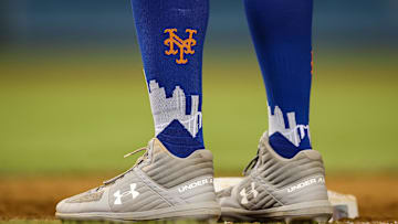 May 11, 2022; Washington, District of Columbia, USA; A view of the socks and cleats worn by New York Mets center fielder Brandon Nimmo (9) during the game against the Washington Nationals at Nationals Park. Mandatory Credit: Scott Taetsch-Imagn Images