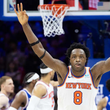 New York Knicks forward OG Anunoby (8) celebrates against the Philadelphia 76ers during the 2024 NBA playoffs.