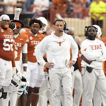 Nov 1, 2025; Austin, Texas, USA; Texas Longhorns head coach Steve Sarkisian observes the second half against the Vanderbilt Commodores at Darrell K Royal-Texas Memorial Stadium. Mandatory Credit: Scott Wachter-Imagn Images