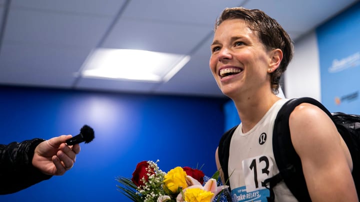 Nikki Hiltz speaks with reporters after winning their race in the women's 1500 meter invitational during the Drake Relays, Saturday, April 29, 2023, at Drake Stadium in Des Moines, Iowa.

230429 Drake Relays 032 Jpg