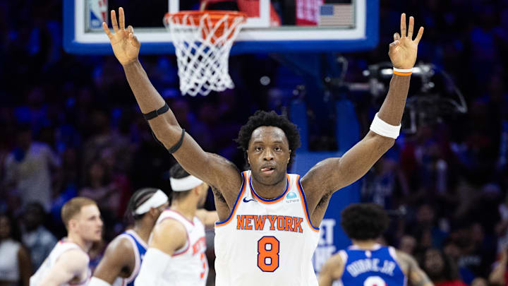 May 2, 2024; Philadelphia, Pennsylvania, USA; New York Knicks forward OG Anunoby (8) reacts to his three pointer against the Philadelphia 76ers during the second half of game six of the first round for the 2024 NBA playoffs at Wells Fargo Center. Mandatory Credit: Bill Streicher-Imagn Images