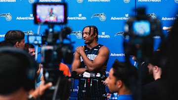 Orlando Magic center Wendell Carter Jr. meets reporters during the Magic's 2024 Media Day.