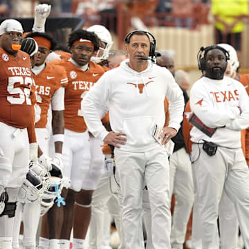 Texas Longhorns head coach Steve Sarkisian observes the second half against the Vanderbilt Commodores at Darrell K Royal-Texas Memorial Stadium.