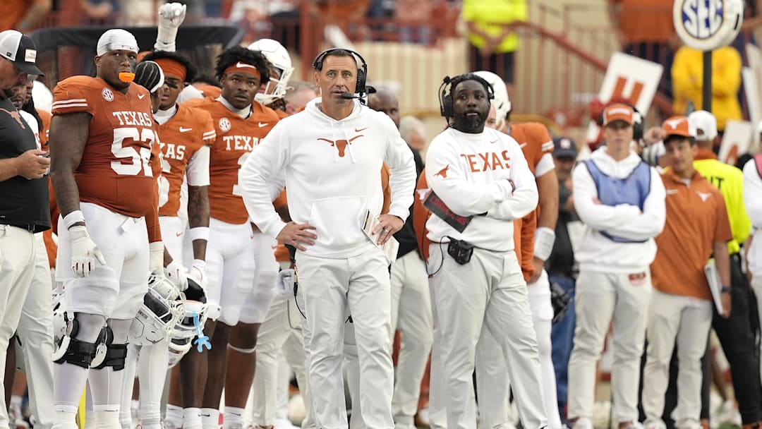 Nov 1, 2025; Austin, Texas, USA; Texas Longhorns head coach Steve Sarkisian observes the second half against the Vanderbilt Commodores at Darrell K Royal-Texas Memorial Stadium. Mandatory Credit: Scott Wachter-Imagn Images
