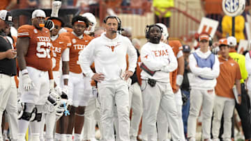 Nov 1, 2025; Austin, Texas, USA; Texas Longhorns head coach Steve Sarkisian observes the second half against the Vanderbilt Commodores at Darrell K Royal-Texas Memorial Stadium. Mandatory Credit: Scott Wachter-Imagn Images