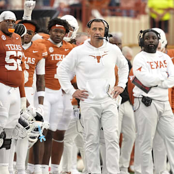 Nov 1, 2025; Austin, Texas, USA; Texas Longhorns head coach Steve Sarkisian observes the second half against the Vanderbilt Commodores at Darrell K Royal-Texas Memorial Stadium. Mandatory Credit: Scott Wachter-Imagn Images
