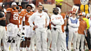 Nov 1, 2025; Austin, Texas, USA; Texas Longhorns head coach Steve Sarkisian observes the second half against the Vanderbilt Commodores at Darrell K Royal-Texas Memorial Stadium. Mandatory Credit: Scott Wachter-Imagn Images