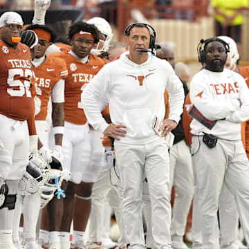 Nov 1, 2025; Austin, Texas, USA; Texas Longhorns head coach Steve Sarkisian observes the second half against the Vanderbilt Commodores at Darrell K Royal-Texas Memorial Stadium. Mandatory Credit: Scott Wachter-Imagn Images