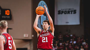 Nebraska forward Pryce Sandfort shoots a three-pointer against Oklahoma at the Sandford Pentagon in Sioux Falls.