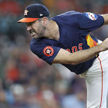 Sep 8, 2024; Houston, Texas, USA; Houston Astros starting pitcher Justin Verlander (35) delivers a pitch during the first inning against the Arizona Diamondbacks at Minute Maid Park.