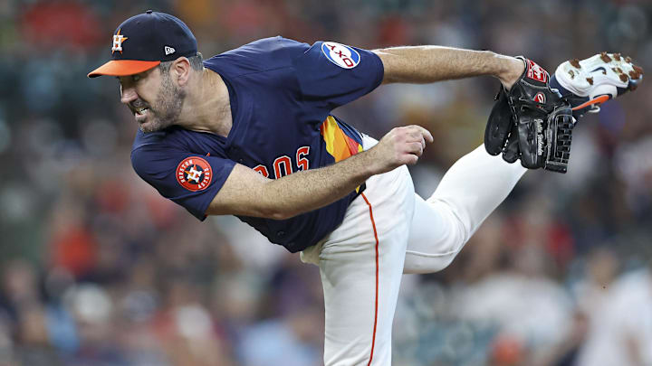 Sep 8, 2024; Houston, Texas, USA; Houston Astros starting pitcher Justin Verlander (35) delivers a pitch during the first inning against the Arizona Diamondbacks at Minute Maid Park.