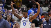 Mar 23, 2025; Milwaukee, WI, USA;  Kentucky Wildcats forward Brandon Garrison (10) reacts after the second round of the NCAA Tournament against the Illinois Fighting Illini at Fiserv Forum. Mandatory Credit: Jeff Hanisch-Imagn Images