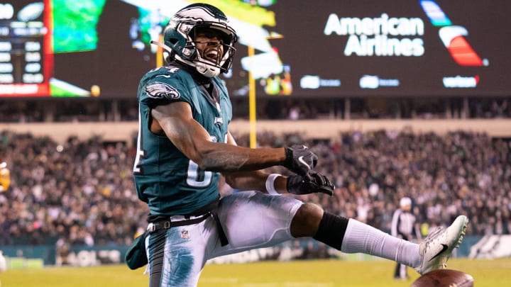 Dec 21, 2021; Philadelphia, Pennsylvania, USA; Philadelphia Eagles wide receiver Greg Ward (84) celebrates after his touchdown catch during the fourth quarter against the Washington Football Team at Lincoln Financial Field. Mandatory Credit: Bill Streicher-USA TODAY Sports