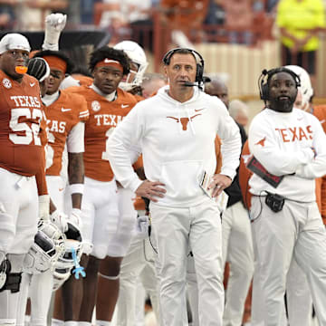 Texas Longhorns head coach Steve Sarkisian observes the second half against the Vanderbilt Commodores at Darrell K Royal-Texas Memorial Stadium. 