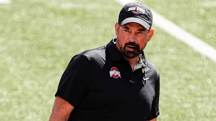 Ohio State Buckeyes head coach Ryan Day leads warm-ups prior to the NCAA football game against the Texas Longhorns at Ohio Stadium on Aug. 30, 2025.