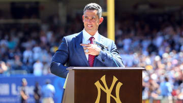Aug 22, 2015; Bronx, NY, USA;  New York Yankees former catcher Jorge Posada address the crowd during a ceremony for the retirement of his number before the game against the Cleveland Indians at Yankee Stadium. Mandatory Credit: Anthony Gruppuso-USA TODAY Sports
