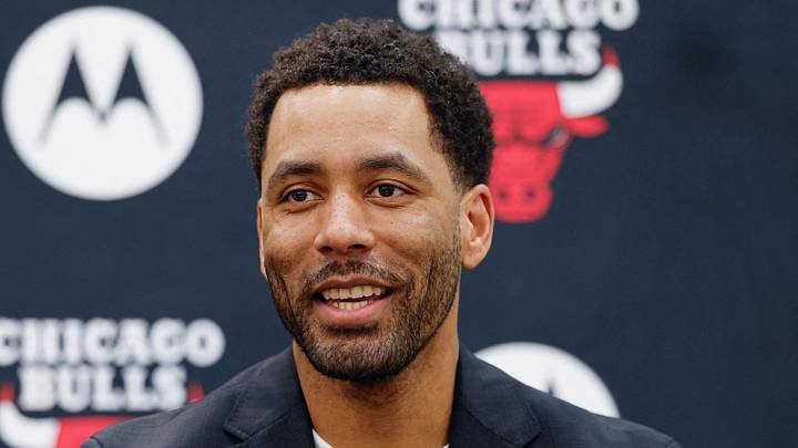 Jun 17, 2026; Chicago, Il, USA; Chicago Bulls Executive Vice President of Basketball Operations Bryson Graham introduces Chicago Bulls new head coach Tiago Splitter during a press conference at Advocate Center. Mandatory Credit: Kamil Krzaczynski-Imagn Images