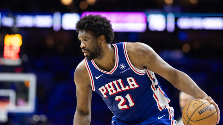 May 2, 2024; Philadelphia, Pennsylvania, USA; Philadelphia 76ers center Joel Embiid (21) in action against the New York Knicks during game six of the first round for the 2024 NBA playoffs at Wells Fargo Center. Mandatory Credit: Bill Streicher-USA TODAY Sports