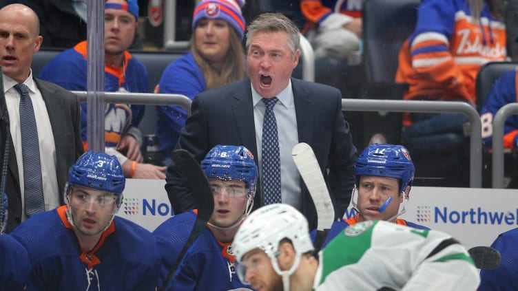 Jan 21, 2024; Elmont, New York, USA; New York Islanders head coach Patrick Roy coaches against the