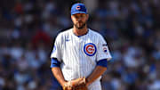Sep 13, 2025; Chicago, Illinois, USA; Chicago Cubs pitcher Drew Pomeranz (45) prepares to pitch against the Tampa Bay Rays during the sixth inning at Wrigley Field. Mandatory Credit: Patrick Gorski-Imagn Images