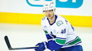 Mar 12, 2025; Calgary, Alberta, CAN; Vancouver Canucks center Elias Pettersson (40) skates during the warmup period against the Calgary Flames at Scotiabank Saddledome. Mandatory Credit: Sergei Belski-Imagn Images