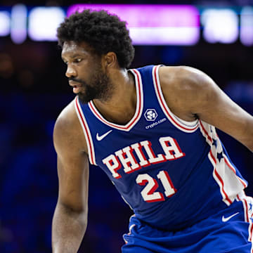 May 2, 2024; Philadelphia, Pennsylvania, USA; Philadelphia 76ers center Joel Embiid (21) in action against the New York Knicks during game six of the first round for the 2024 NBA playoffs at Wells Fargo Center. Mandatory Credit: Bill Streicher-Imagn Images