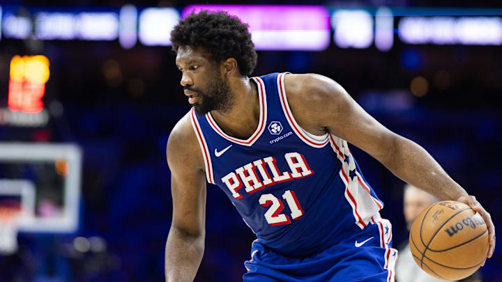 May 2, 2024; Philadelphia, Pennsylvania, USA; Philadelphia 76ers center Joel Embiid (21) in action against the New York Knicks during game six of the first round for the 2024 NBA playoffs at Wells Fargo Center. Mandatory Credit: Bill Streicher-Imagn Images