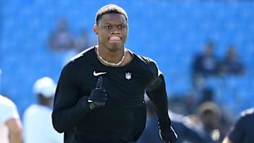 Oct 29, 2023; Charlotte, North Carolina, USA;  Carolina Panthers wide receiver DJ Chark Jr. (17) during warm up at Bank of America Stadium. Mandatory Credit: Bob Donnan-Imagn Images
