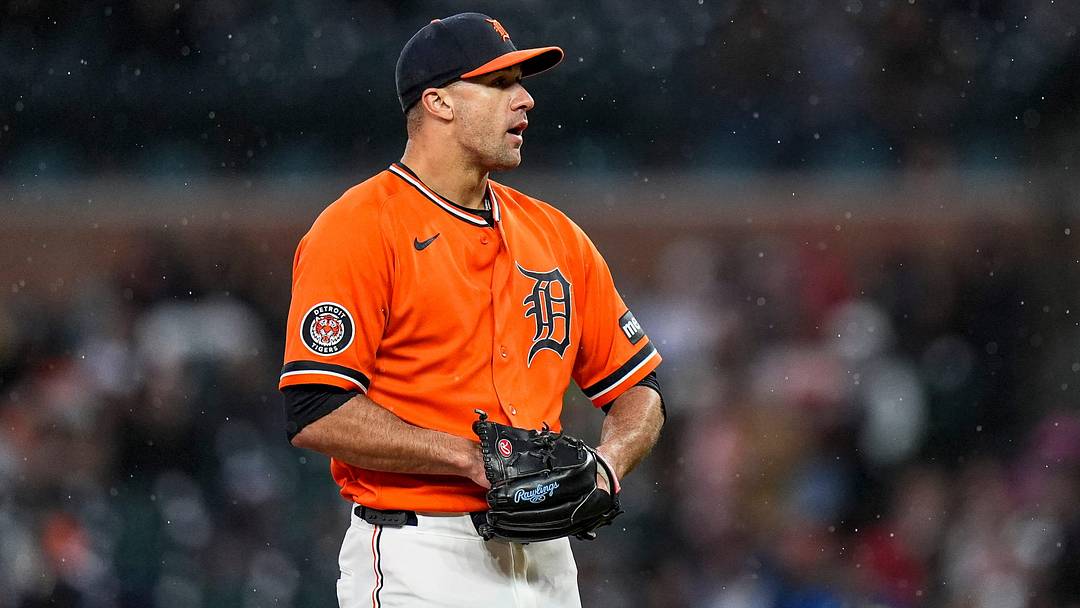 Detroit Tigers pitcher Jack Flaherty (9) looks on before pitching against Texas Rangers during the third inning at Comerica Park in Detroit on Friday, May 1, 2026. Detroit Tigers pitcher Jack Flaherty (9) looks on before pitching against Texas Rangers during the third inning at Comerica Park in Detroit on Friday, May 1, 2026.