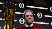 Jan 9, 2018; Atlanta, GA, USA; Alabama head coach Nick Saban poses with the trophy after wining the National Championship during a press conference at the Sheraton Downtown hotel.