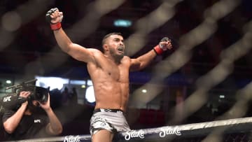 Jan 21, 2023; Rio de Janeiro, Brazil; Ismael Bonfim (red gloves) reacts after the fight against