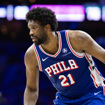 May 2, 2024; Philadelphia, Pennsylvania, USA; Philadelphia 76ers center Joel Embiid (21) in action against the New York Knicks during game six of the first round for the 2024 NBA playoffs at Wells Fargo Center. Mandatory Credit: Bill Streicher-USA TODAY Sports