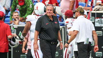 Sep 20, 2025; Memphis, Tennessee, USA; Arkansas Razorbacks head coach Sam Pittman looks on against the Memphis Tigers during the second half at Simmons Bank Liberty Stadium. Mandatory Credit: Wesley Hale-Imagn Images