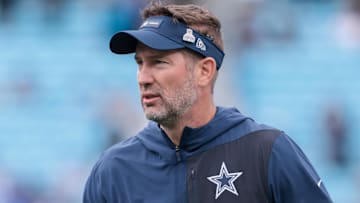 Oct 12, 2025; Charlotte, North Carolina, USA; Dallas Cowboys head coach Brian Schottenheimer looks on before the game against the Carolina Panthers at Bank of America Stadium. Mandatory Credit: Scott Kinser-Imagn Images