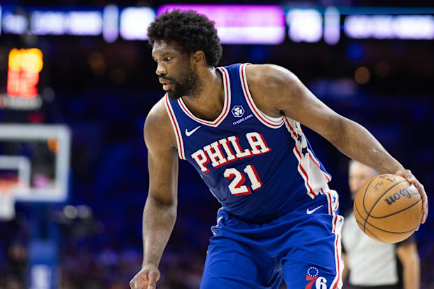 Philadelphia 76ers center Joel Embiid (21) in action against the New York Knicks during the 2024 NBA playoffs.