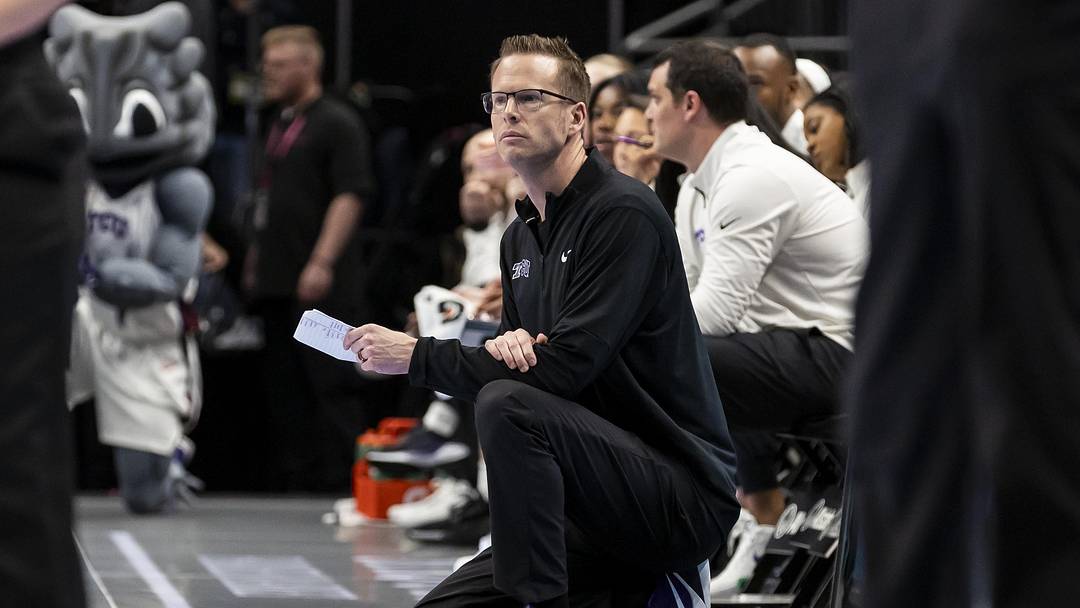Mar 6, 2026; Kansas City, MO, USA; TCU Horned Frogs head coach Mark Campbell watches the runs of play during the second half at T-Mobile Center. Mandatory Credit: Nick Tre. Smith-Imagn Images