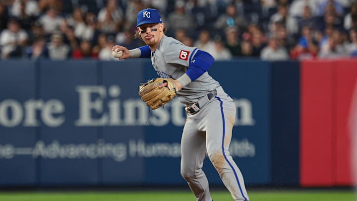 Sep 10, 2024; Bronx, New York, USA; Kansas City Royals shortstop Bobby Witt Jr. (7) throws the ball to first base for an out during the eighth inning against the New York Yankees at Yankee Stadium. Mandatory Credit: Vincent Carchietta-Imagn Images